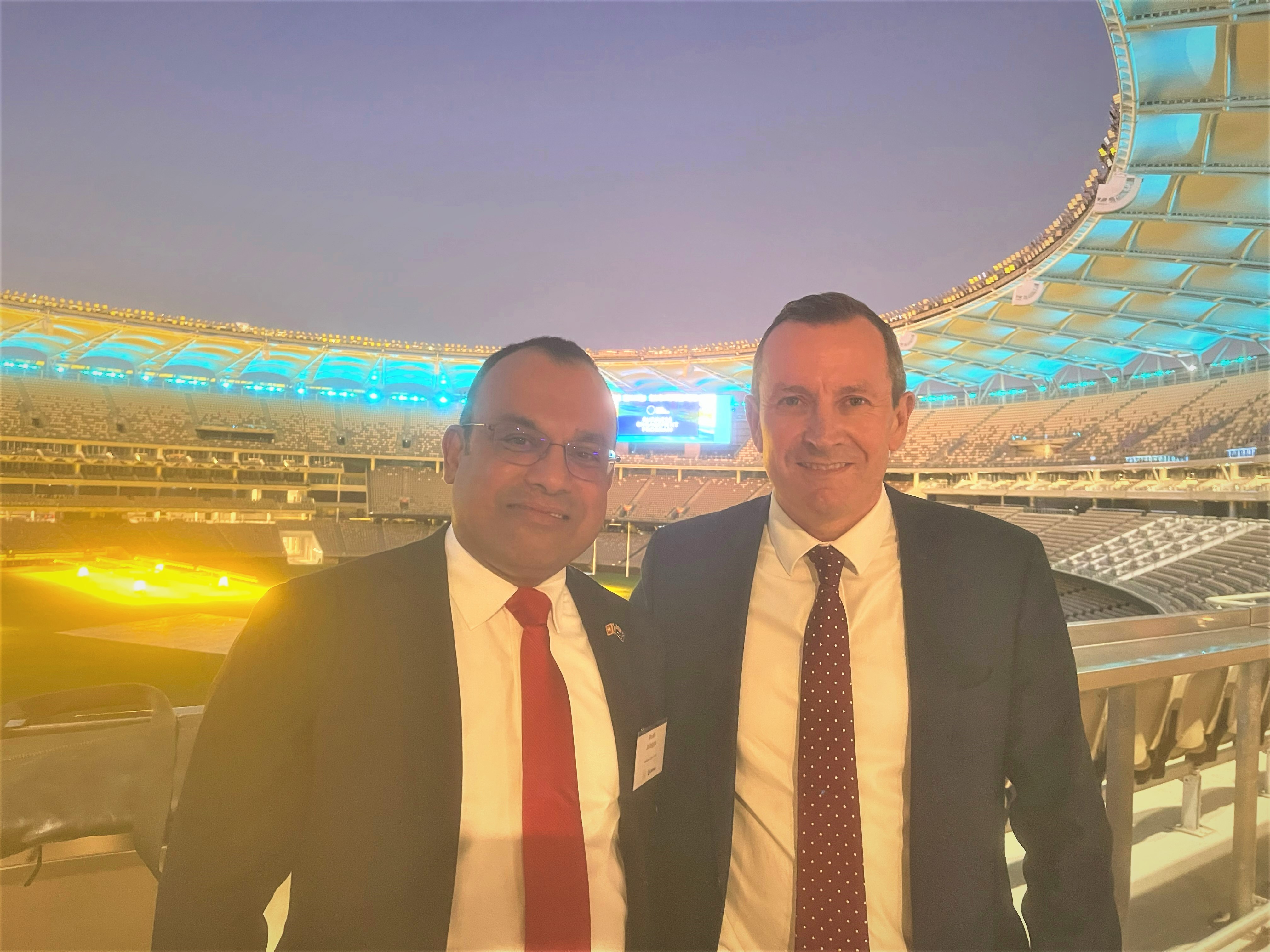 Honorary Consul Rosh Jalagge met with Western Australia’s Premier Mark McGowan last week at Optus Stadium
